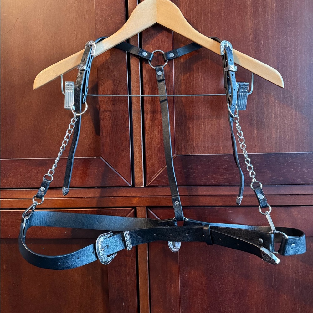 Black Leather Harness Belt with silver buckles/accents
